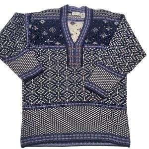 Vintage 90s Pure Wool Navy Blue Nordic Fair Isle Pullover Sweater Oversized Sz M